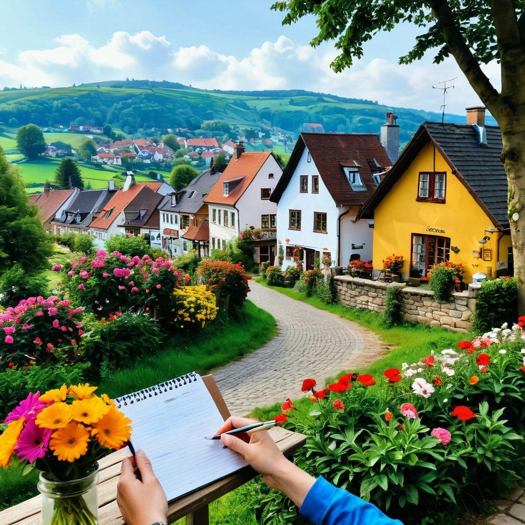 A picturesque landscape of Teendorf showcasing a quaint village with charming houses, colorful flowers, and locals sharing stories around a traditional café. In the foreground, a blogger captured mid-sentence, eager to explore local gems, with a notepad and camera in hand. The background reveals rolling hills and hidden paths leading to historic sites. Soft, warm lighting enhances the feeling of community and adventure. vibrant colors. painting.