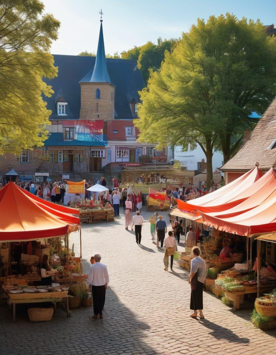 A vibrant village scene in Teendorf showcasing a community gathering in an open square, with locals engaged in various cultural activities like traditional dances, art displays, and culinary stalls. In the background, picturesque landscapes and quaint houses highlight the charm of the village. A colorful banner reading 'Exploring Teendorf' hangs across the square. Capture the essence of adventure and discovery in the atmosphere. super-realistic. vibrant colors. 3D.