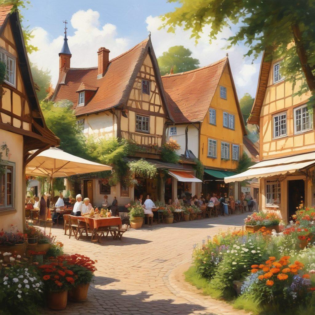 A picturesque village scene of Teendorf, showcasing its charming architecture, bustling local markets, and vibrant community events. Include a diverse group of people chatting and engaging in activities, surrounded by lush greenery and flowers. Capture the essence of local life with hints of personal stories or journal entries in the background. warm color palette. painting.
